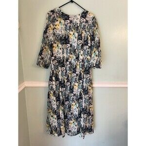 ESHAKTI 1X 18 Midi Geometric Dress Long Sleeve Pleated Cotton Blue Yellow High